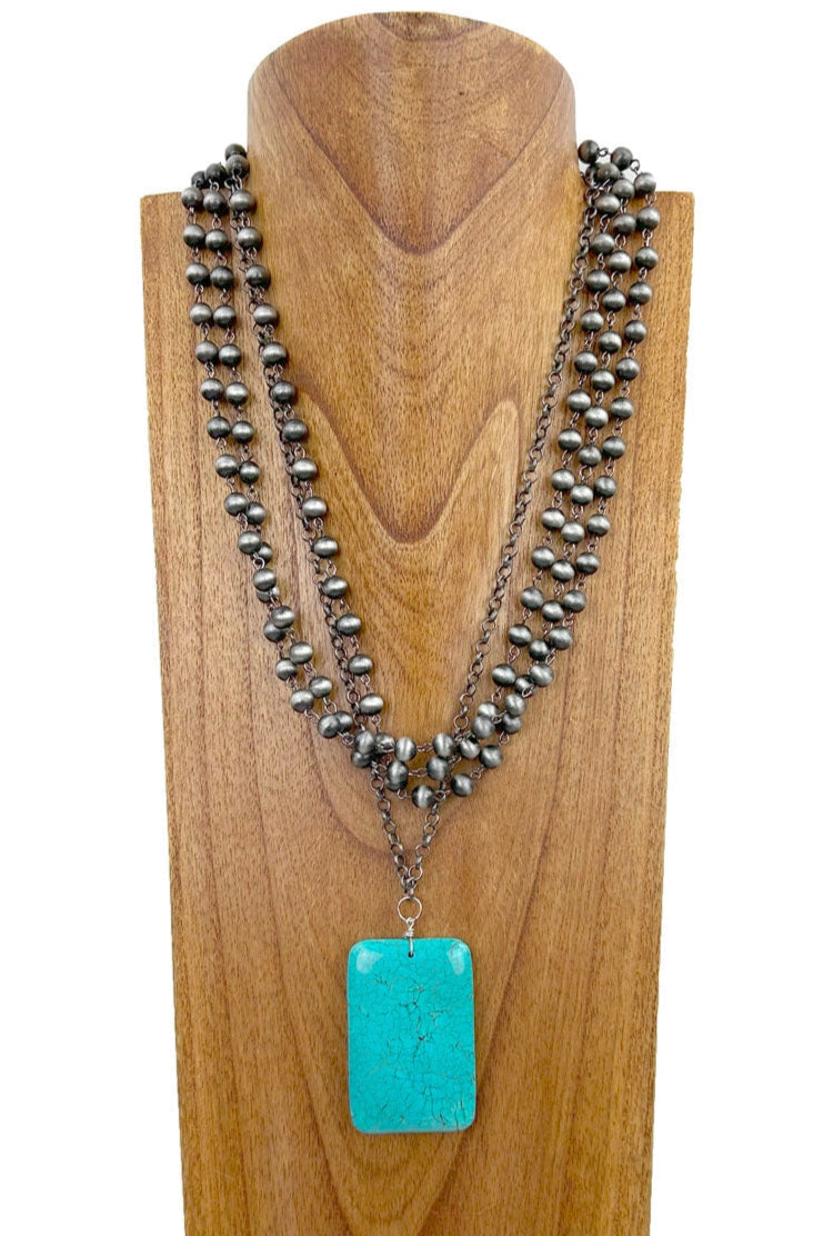 Navajo Beads With Large Turquoise Rectangle Pendant - N031TU