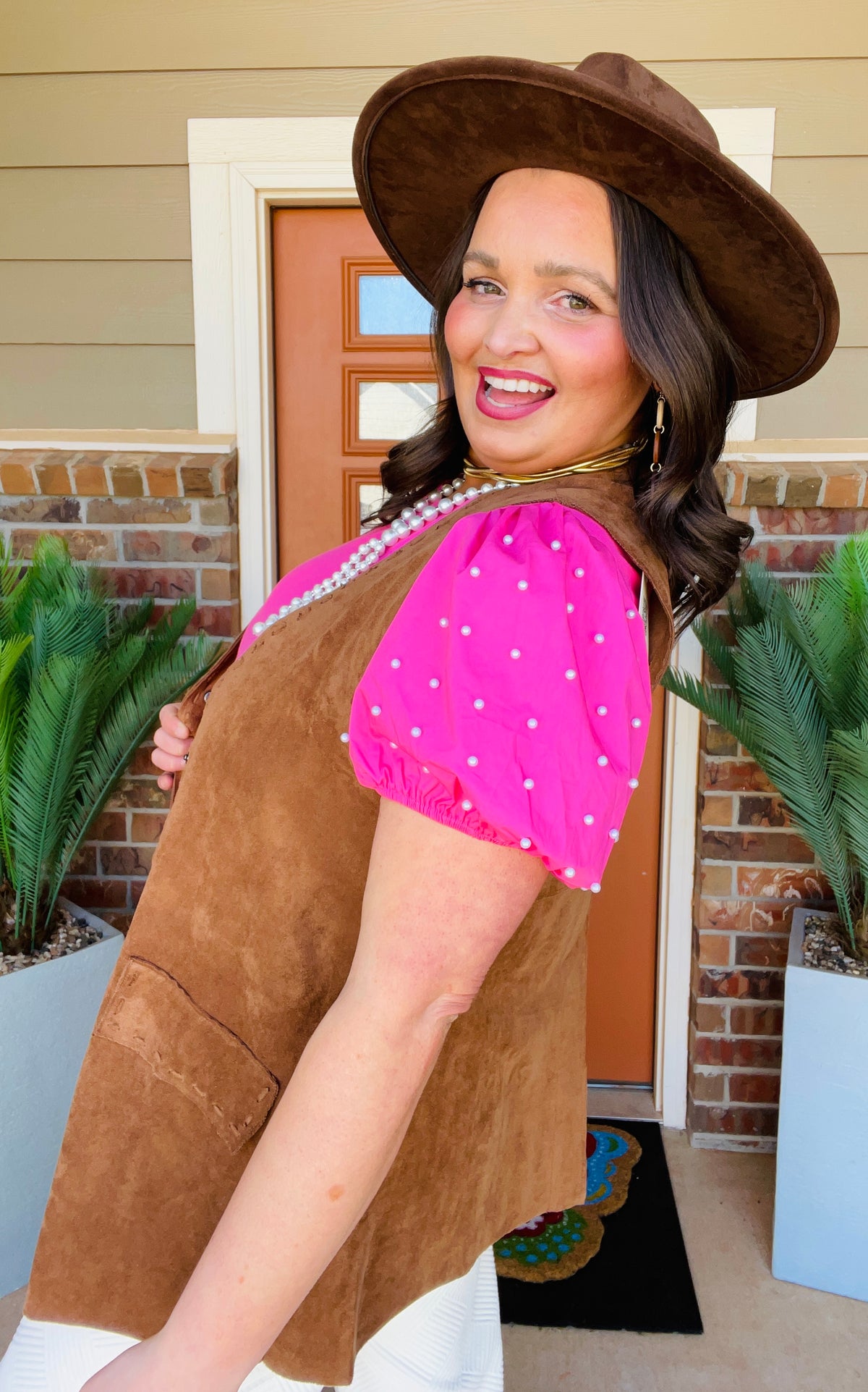 Dream In Color Pink Ribbed Pearl Beaded Puff Sleeve Top