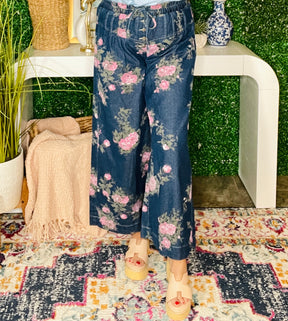 Vintage Rose Floral Print Wide Leg Jeans