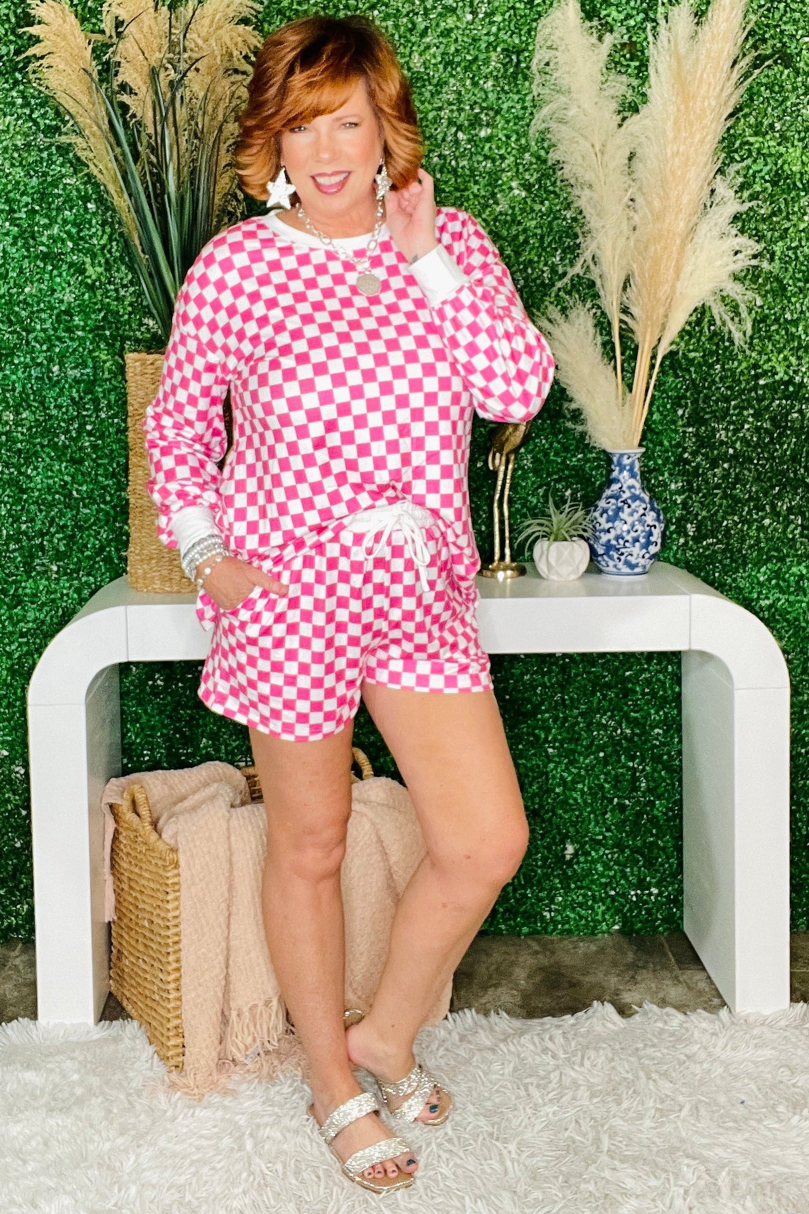 Get The Win Pink Checkered Top And Short Set - SET023PK