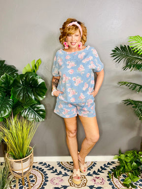 Denim And Roses Vintage Top And Short Set