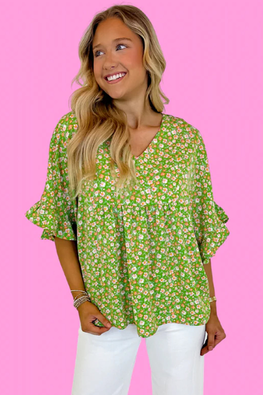 Floral Frenzy Ruffle Sleeve V Neck Top - T10956GN