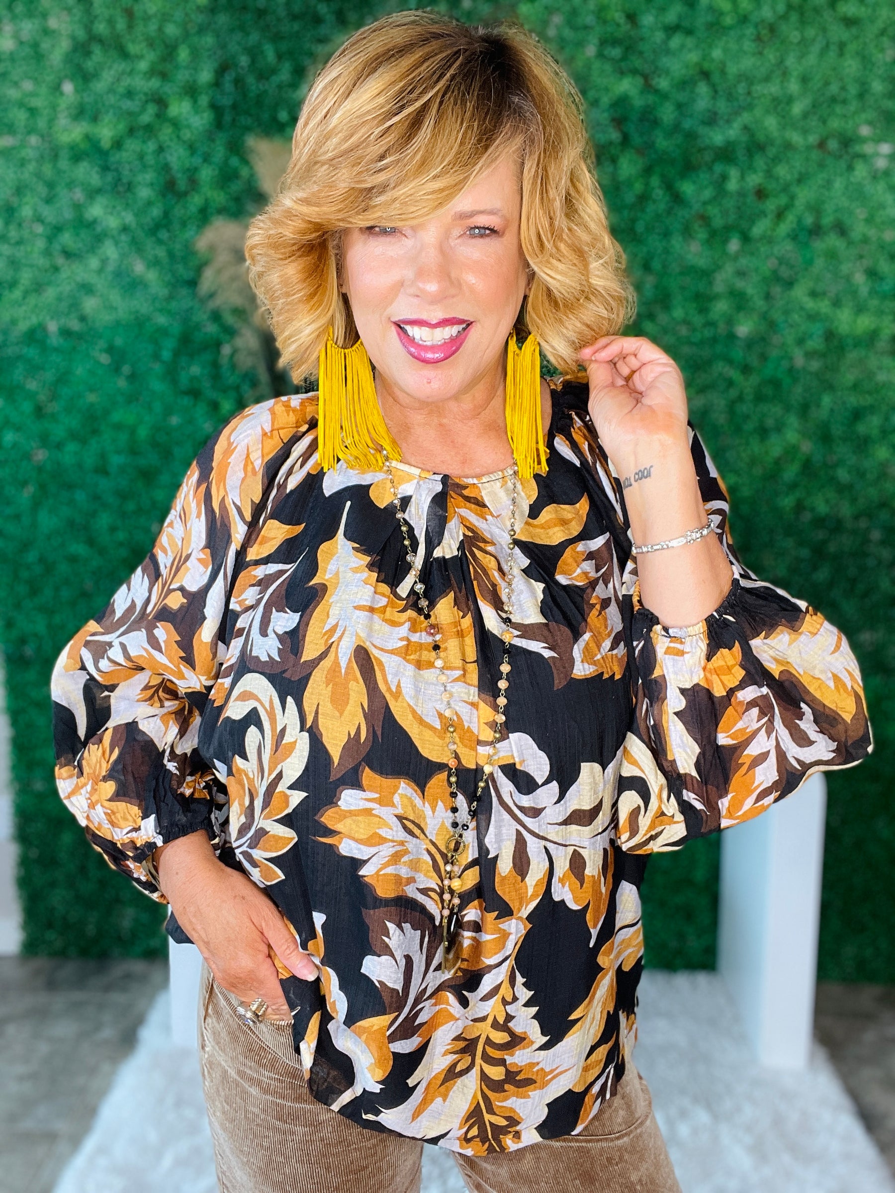 Simply Autumn Leaf Print Balloon Sleeve Top