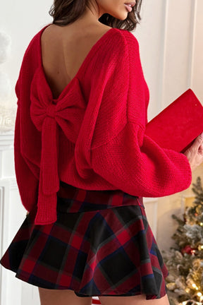 Bow Bella- Red Festive Bow Backless Bubble Sleeve Sweater