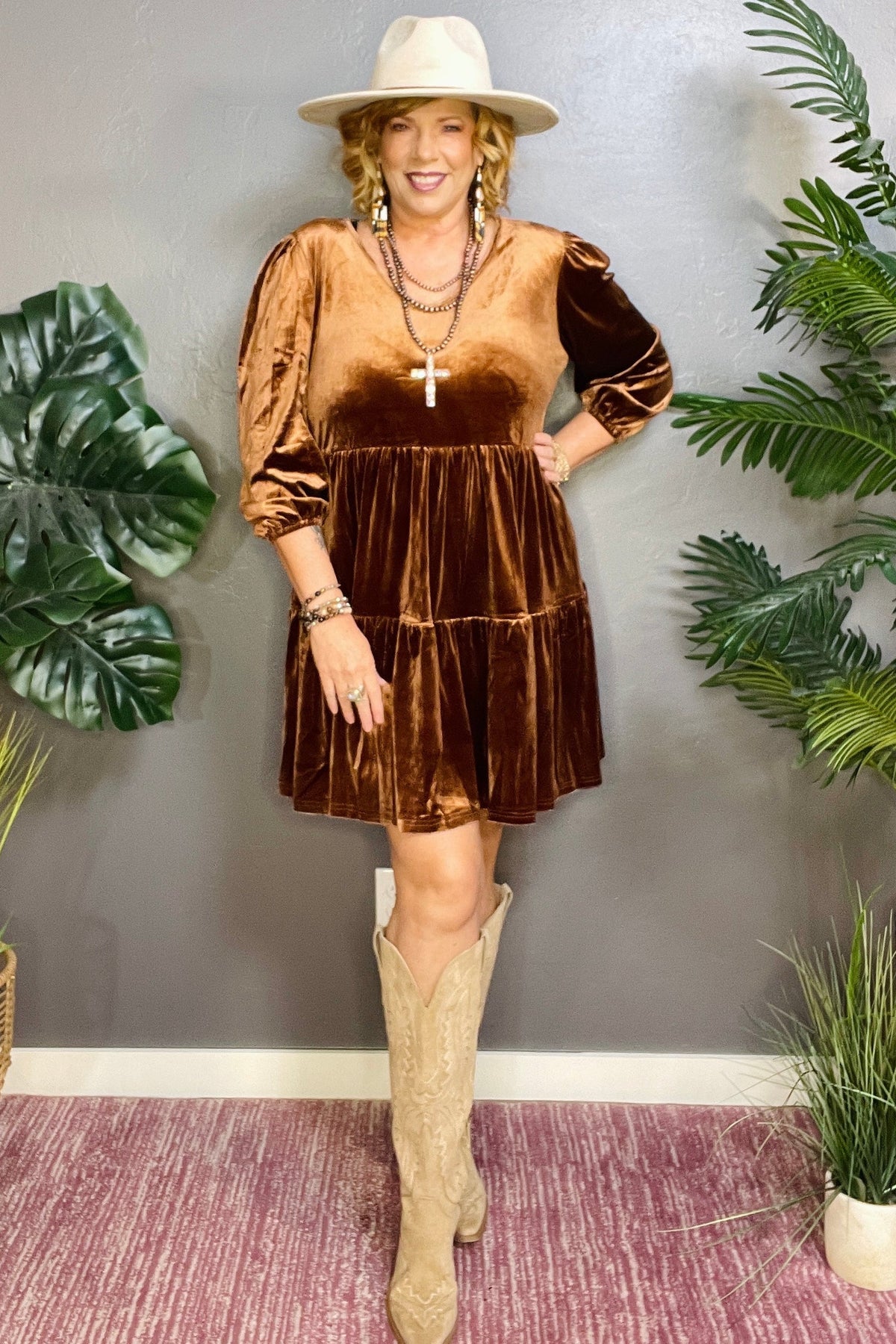 Turn Heads Velvet V Neck Tiered Mini Dress