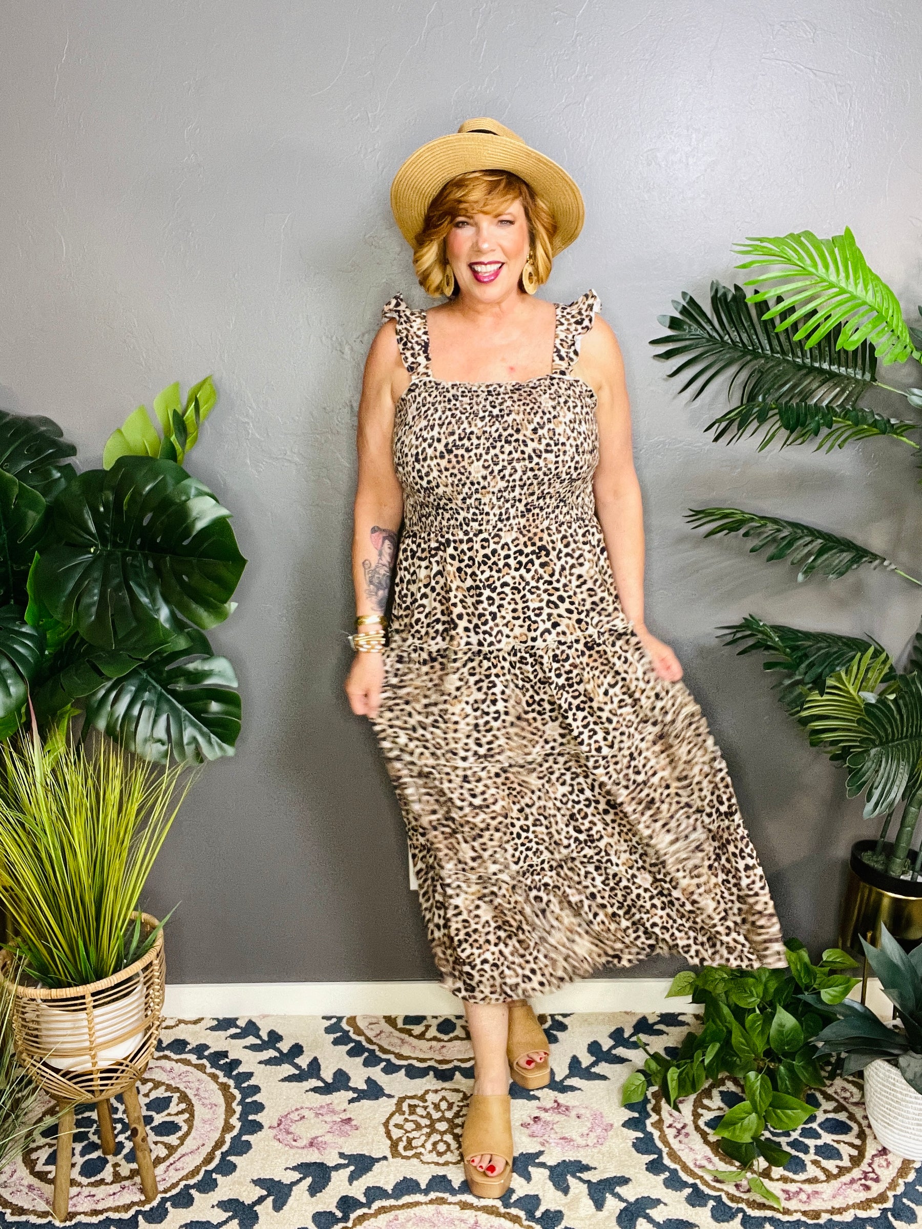 Talk Of The Town Smocked Tiered Leopard Maxi Dress