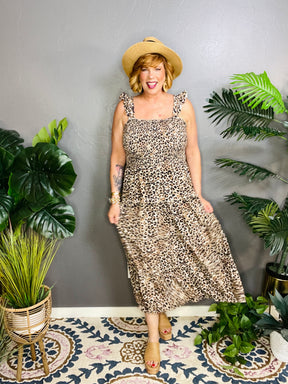 Talk Of The Town Smocked Tiered Leopard Maxi Dress
