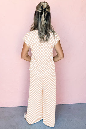 Check On That Apricot Checkered Jumpsuit