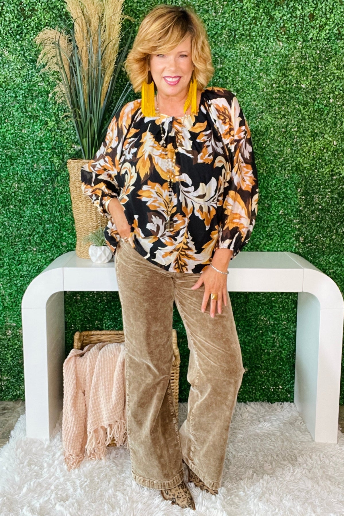 Simply Autumn Leaf Print Balloon Sleeve Top