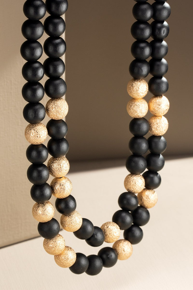 Black Wood Bead Statement Necklace - N004BK