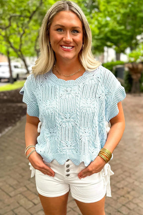 How About That Beau Blue Knit Bow Top