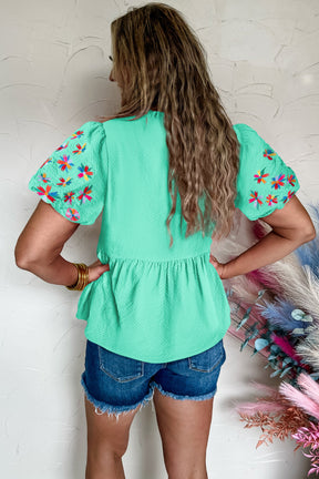 Mint All Day Embroidered Puff Sleeve Textured Top