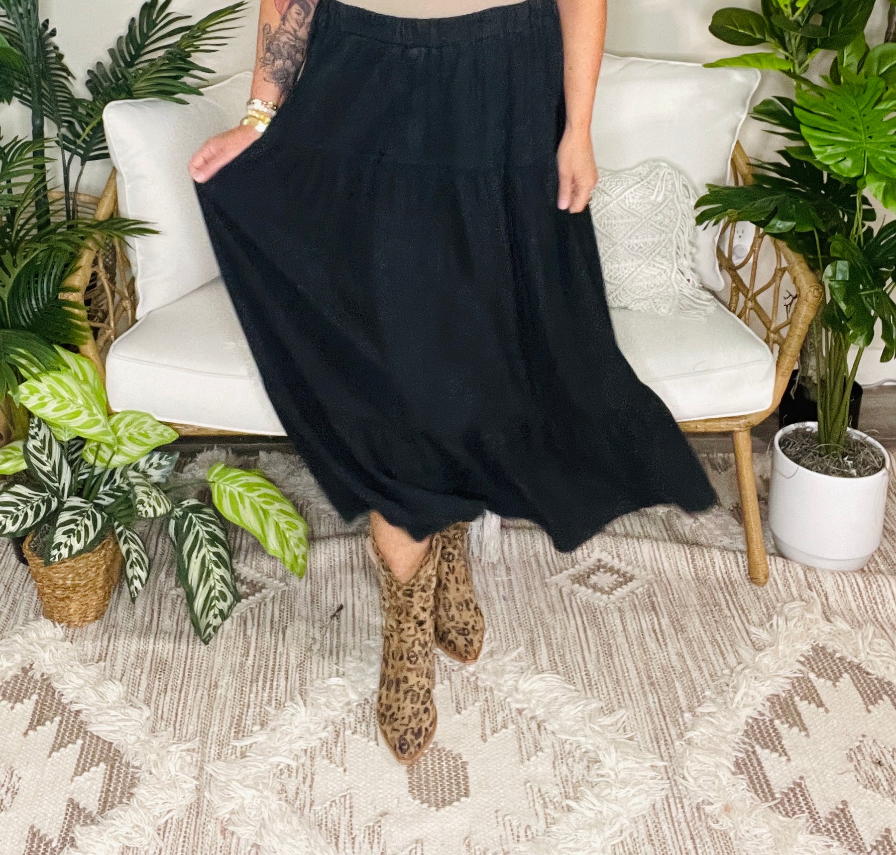 Denim Diva Ruffled Tiered Black Maxi Skirt
