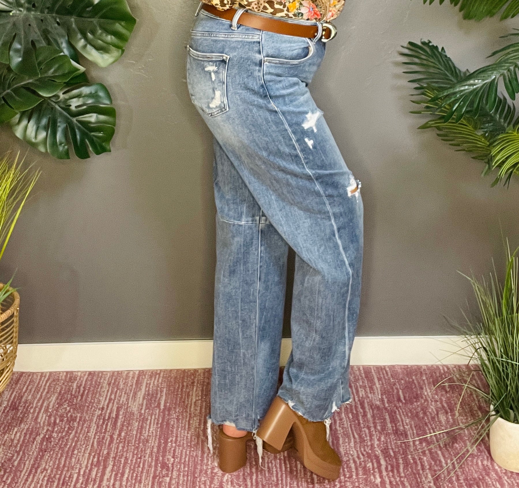 Brianna Full Size Mid Rise Fit Wide Baggy Leg Tie Washed Jeans