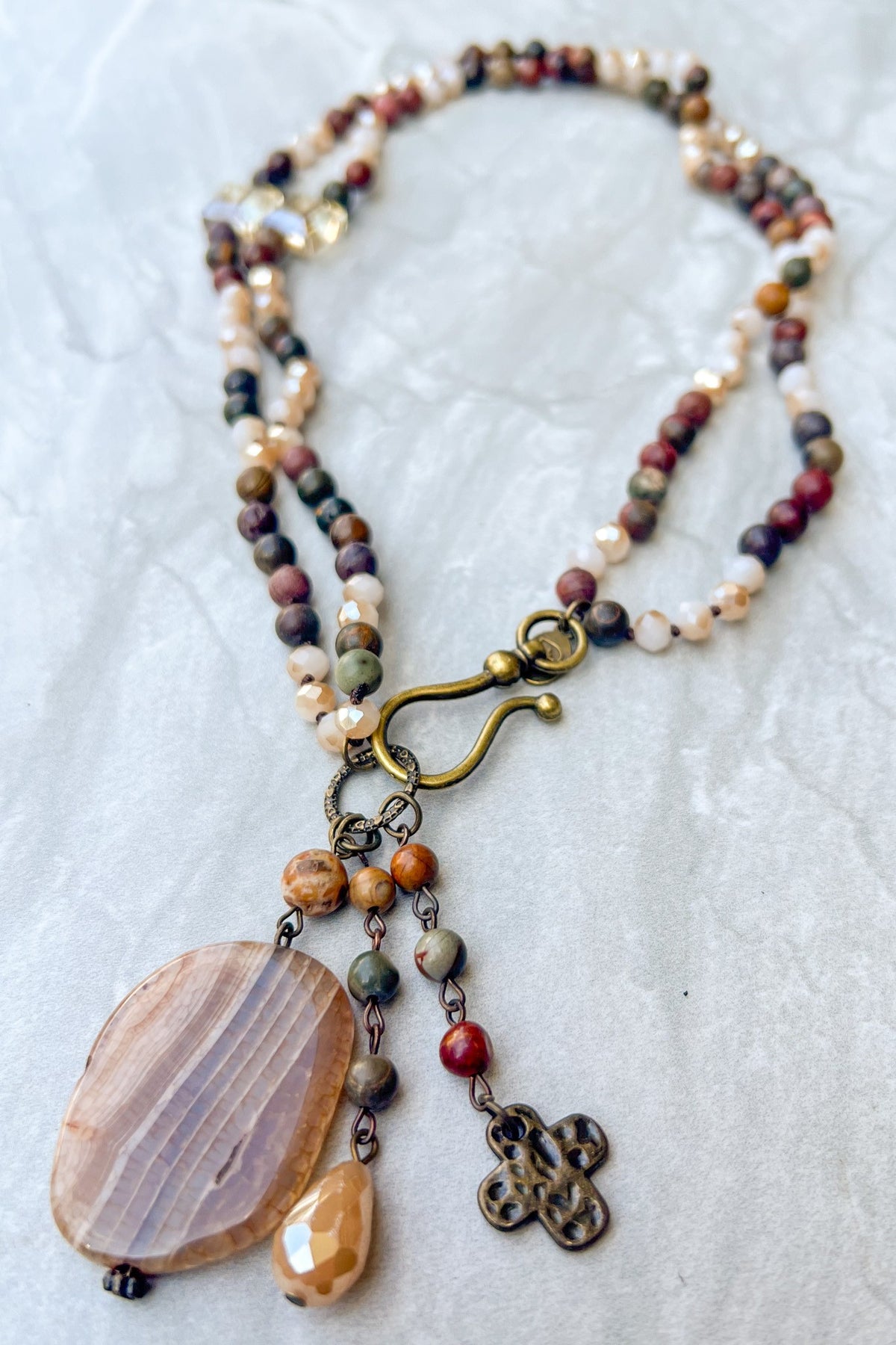 Brown/Multi Color Beaded Cross Charm/Pendant Necklace - NEK4374BR