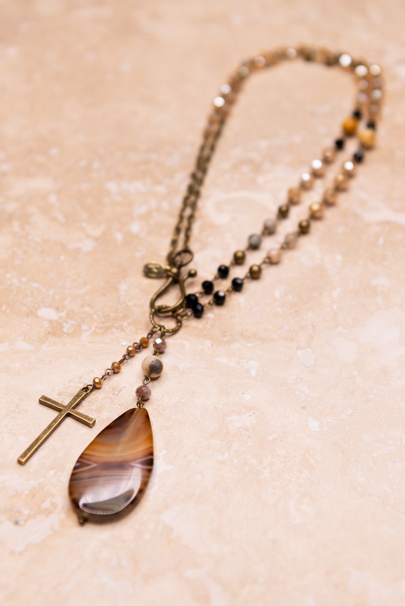 Stone And Cross Double Strand Necklace - N013BR