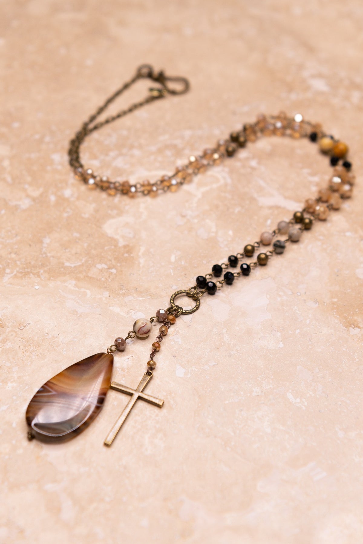 Stone And Cross Double Strand Necklace - N013BR