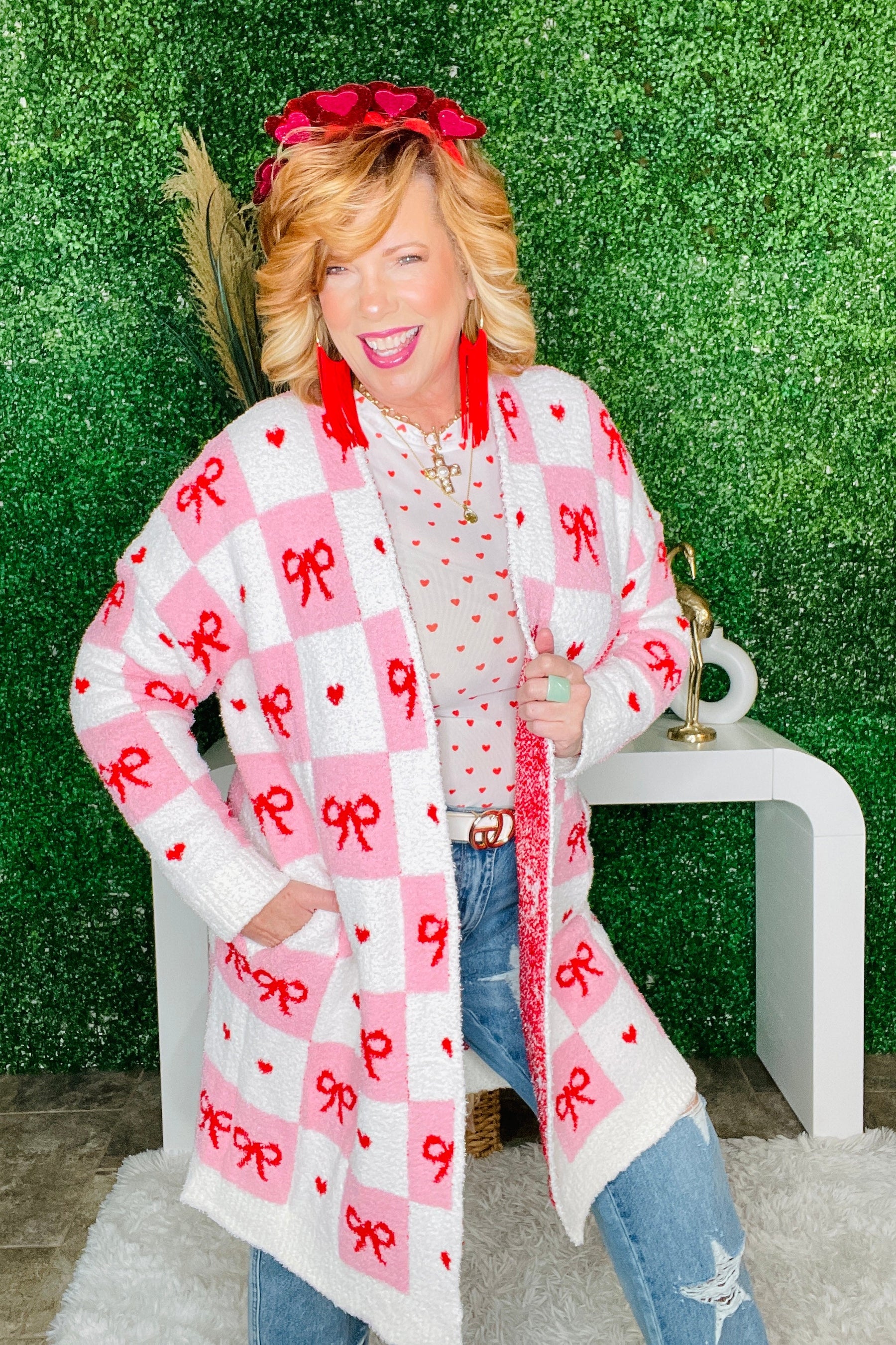 Checker Bow Valentine's Cloud Cardigan - OT115PK