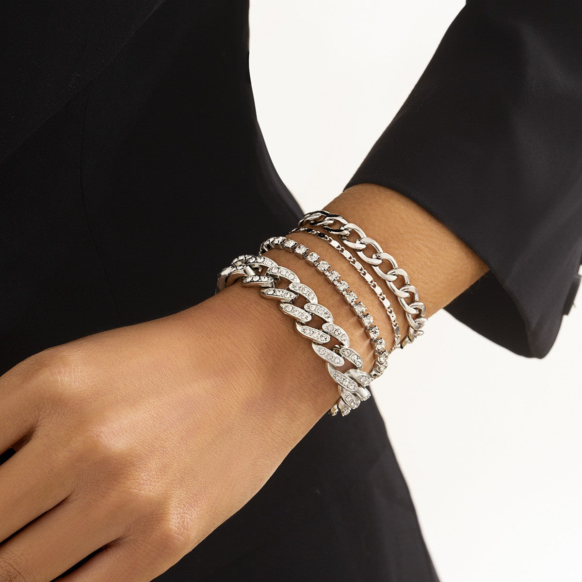 Silver Stacking Chain Link Bracelet Set- B013SI