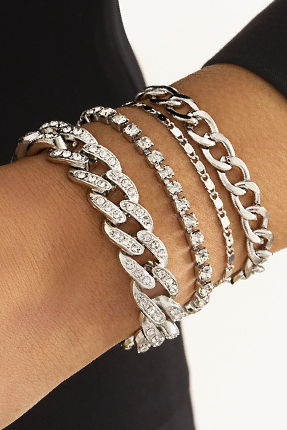 Silver Stacking Chain Link Bracelet Set- B013SI