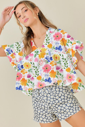 The Floral Edit Yellow Ruffled Sleeve V Neck Top
