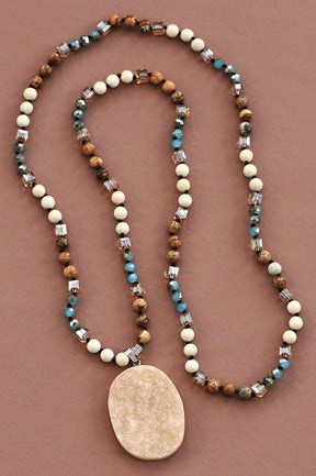 Natural Stone Bead Necklace With Druzy Pendant - N024MU