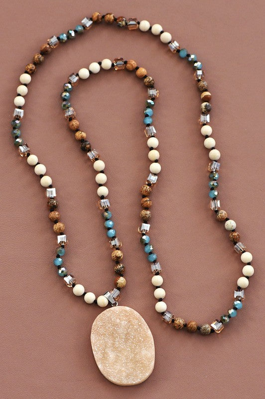 Natural Stone Bead Necklace With Druzy Pendant - N024MU