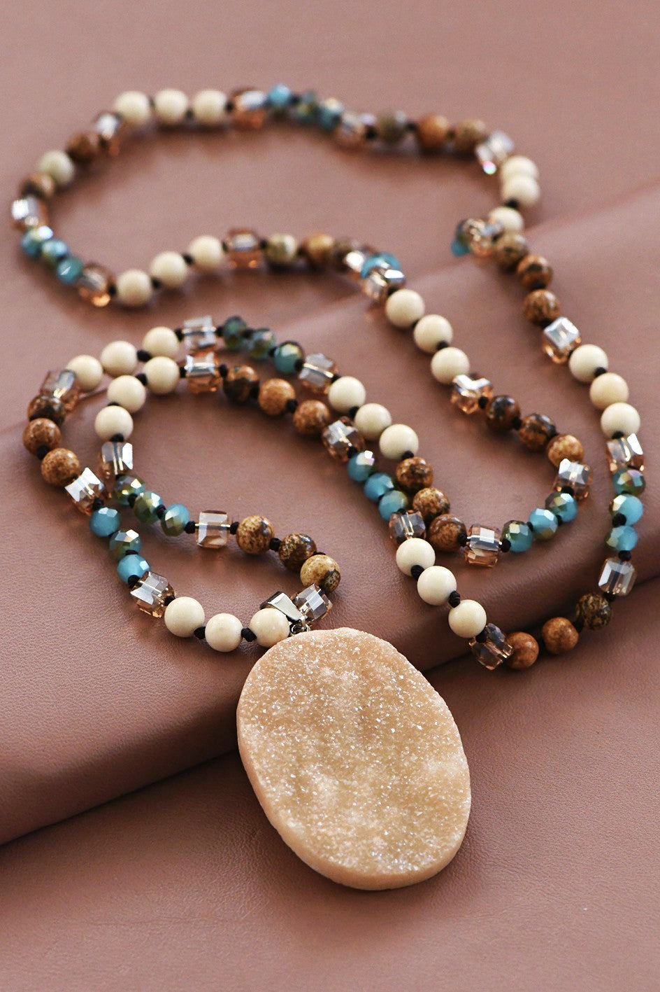 Natural Stone Bead Necklace With Druzy Pendant - N024MU