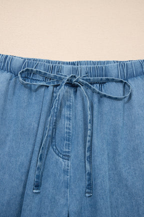 On The Scene Ruffled Hem Wide Leg Chambray Pants