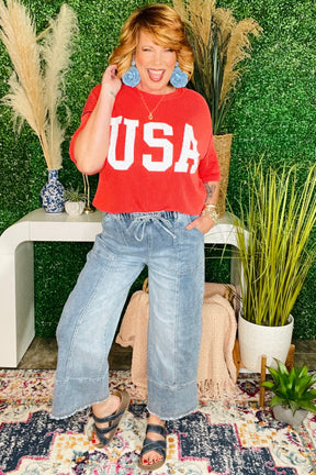 Worth Your While Light Blue Drawstring Wide Leg Denim Pant