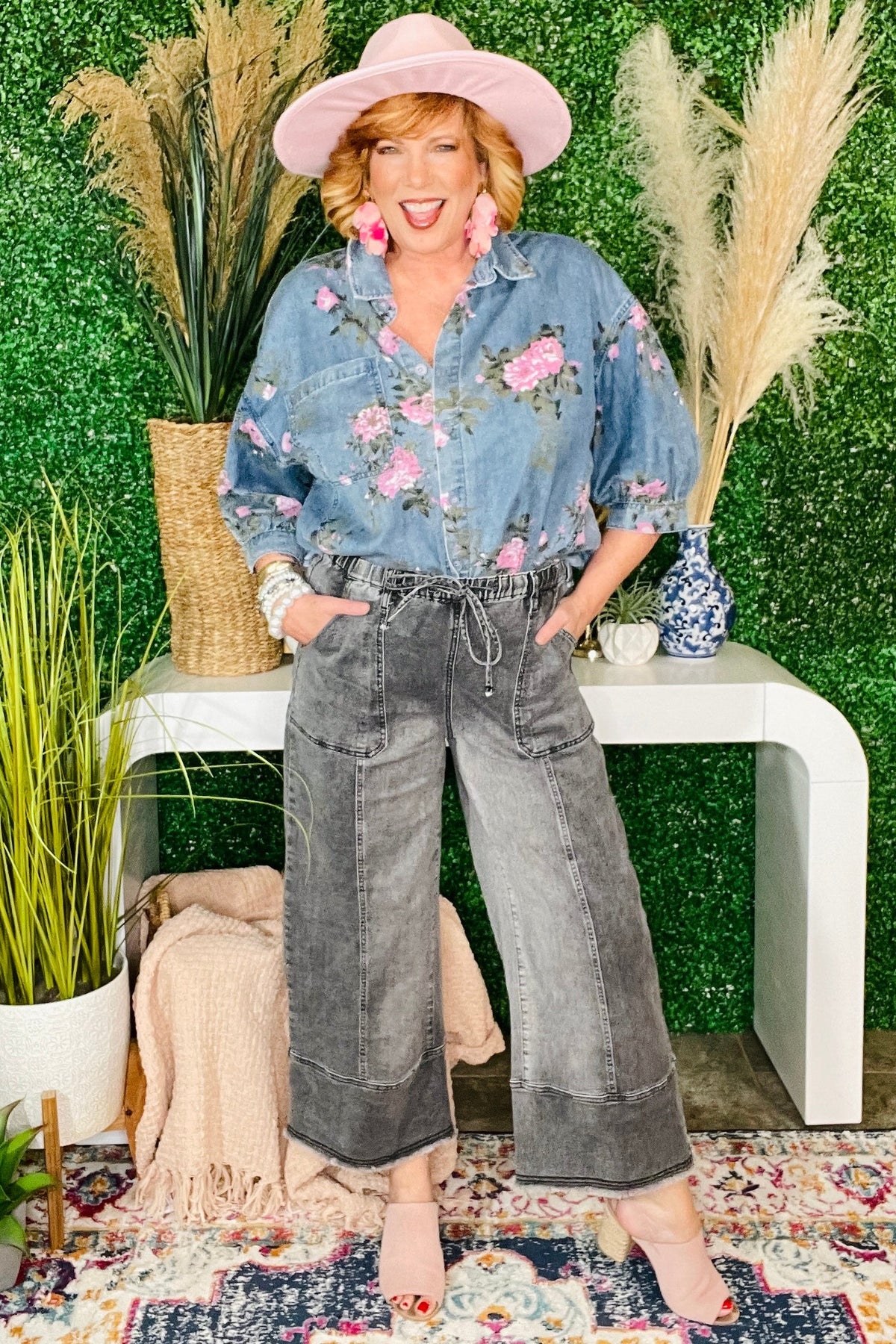 Worth Your While Gray Drawstring Wide Leg Denim Pant