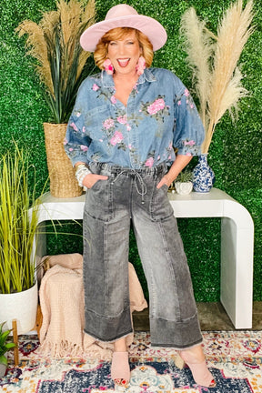 Worth Your While Gray Drawstring Wide Leg Denim Pant
