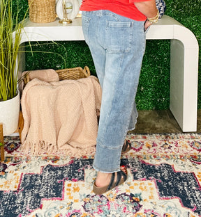 Worth Your While Light Blue Drawstring Wide Leg Denim Pant