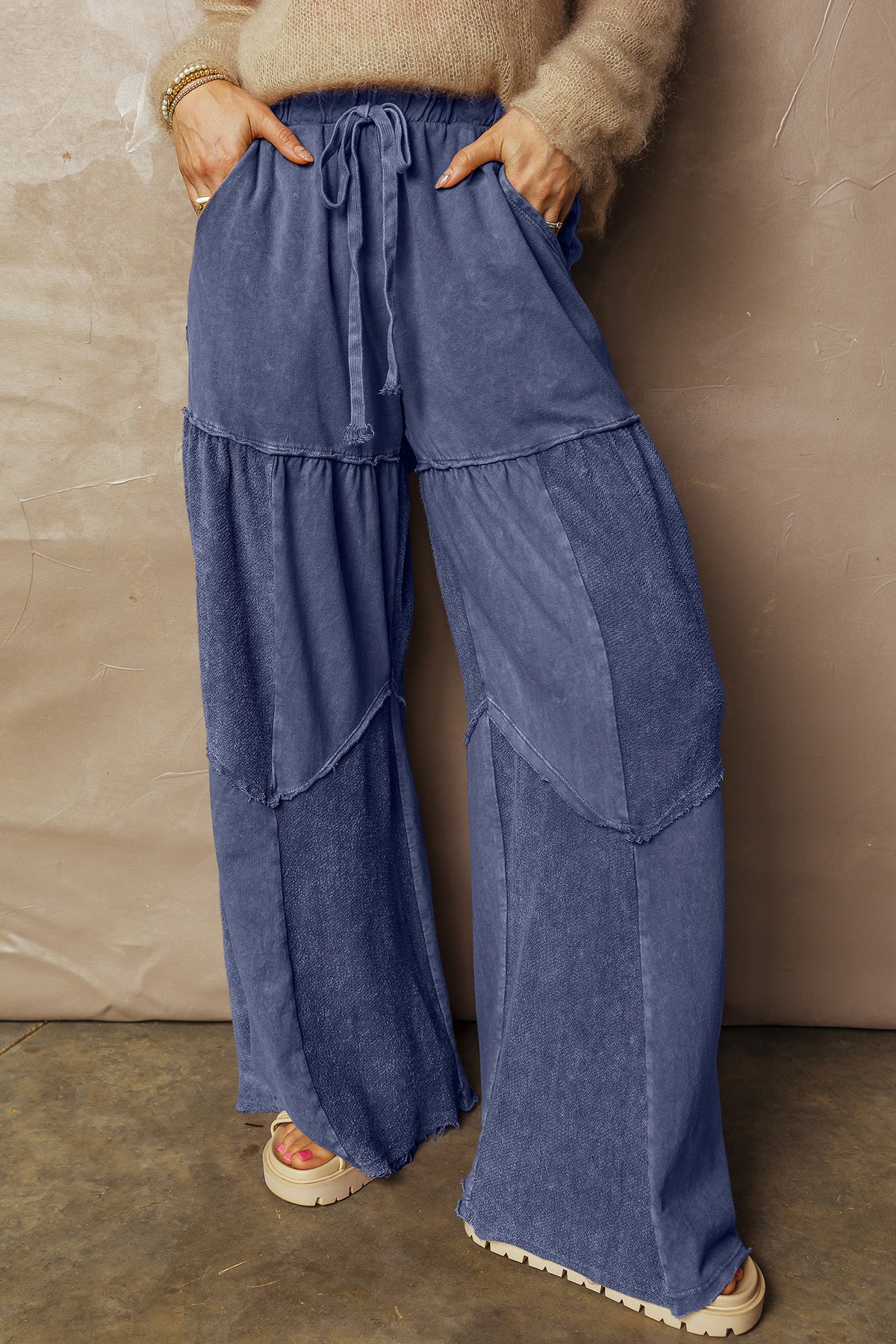 Everyday Comfort Wear Blue Mineral Wash Tiered Wide Leg Pants