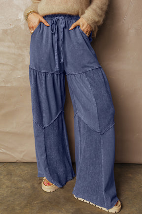Everyday Comfort Wear Blue Mineral Wash Tiered Wide Leg Pants