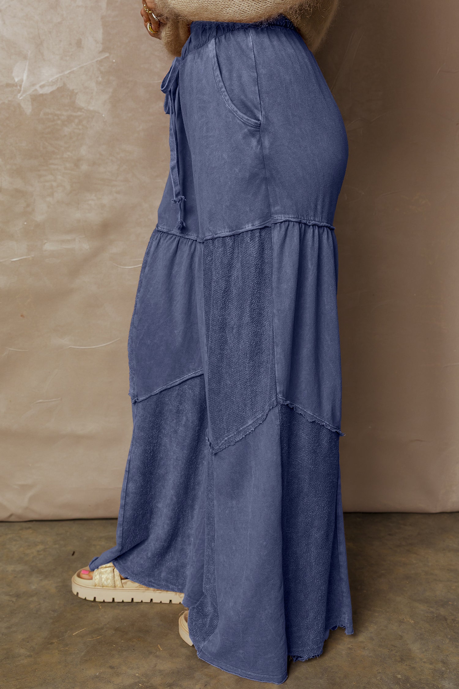 Everyday Comfort Wear Blue Mineral Wash Tiered Wide Leg Pants