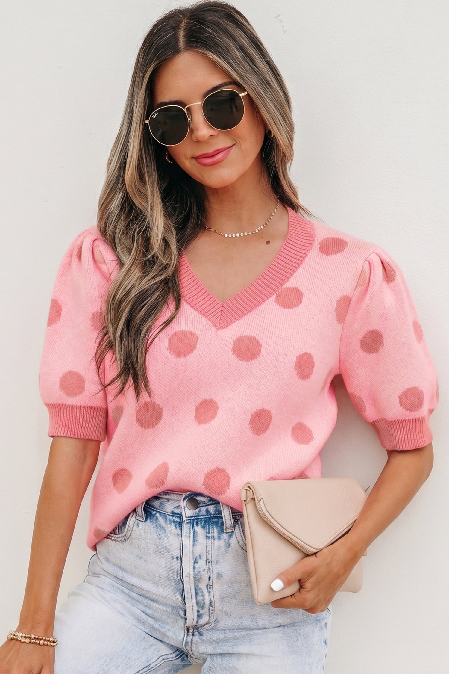 Haute Spot Rose Red Polka Dot Sweater Top