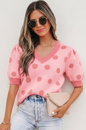 Haute Spot Rose Red Polka Dot Sweater Top