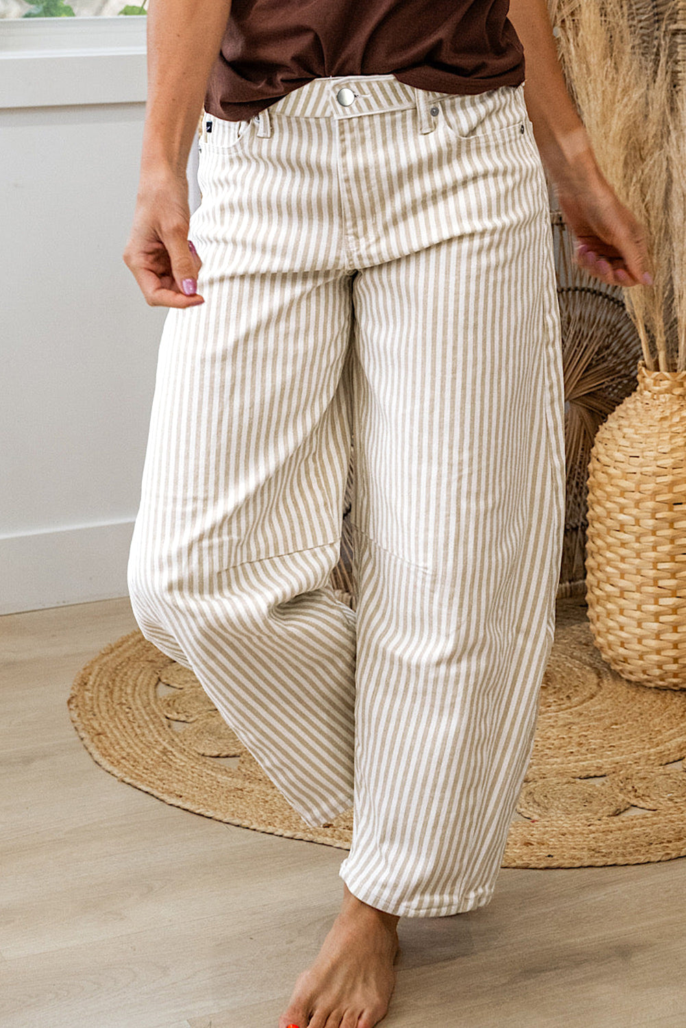 Just Feels Right Khaki Stripe Casual Barrel Jeans