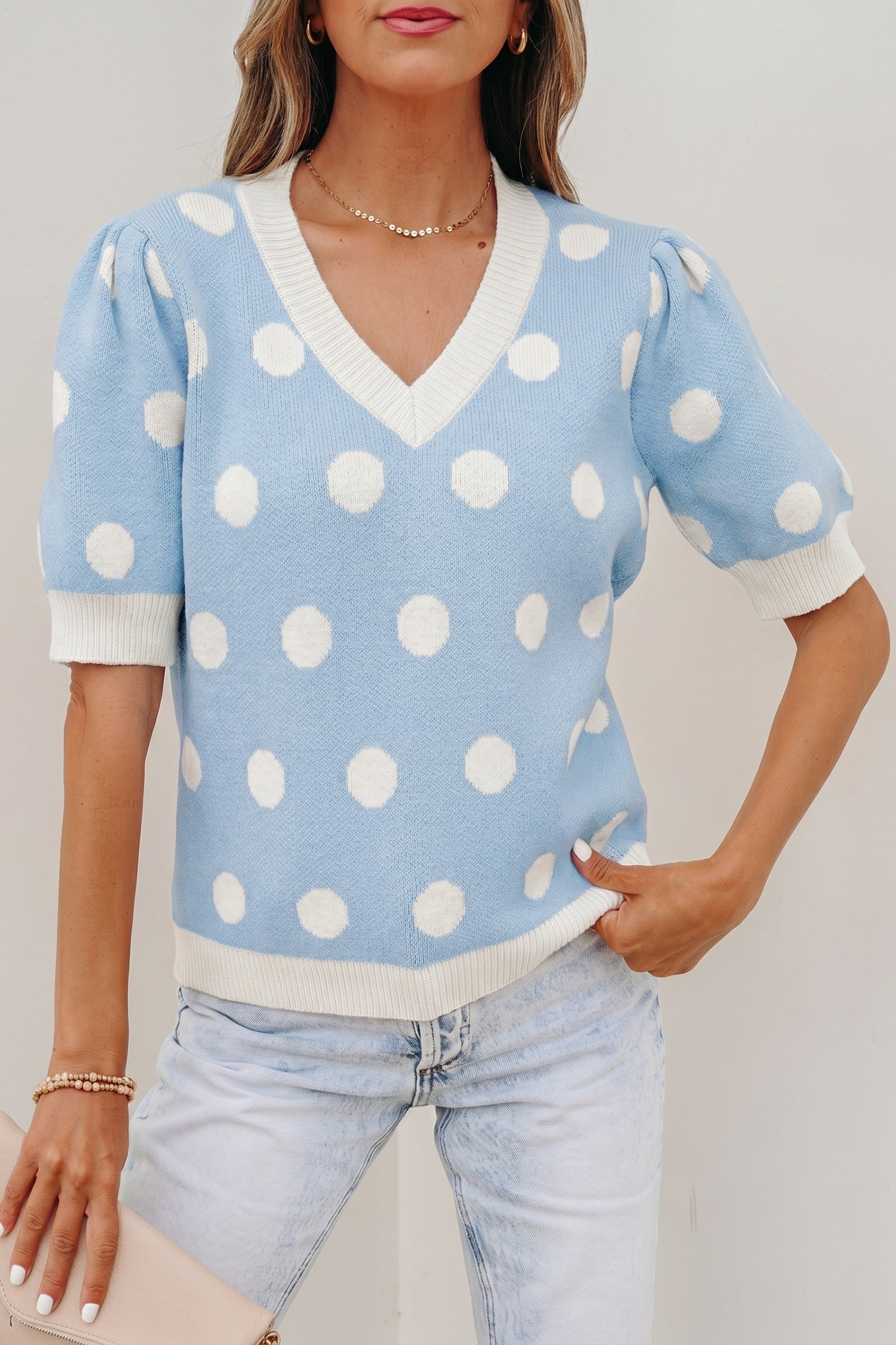 Haute Spot Blue Polka Dot Sweater Top