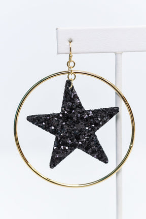 Black Glitter Star Gold Hoop Earrings - EAR4149BK