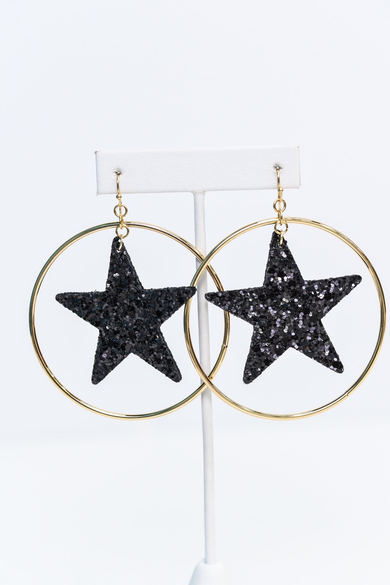Black Glitter Star Gold Hoop Earrings - EAR4149BK