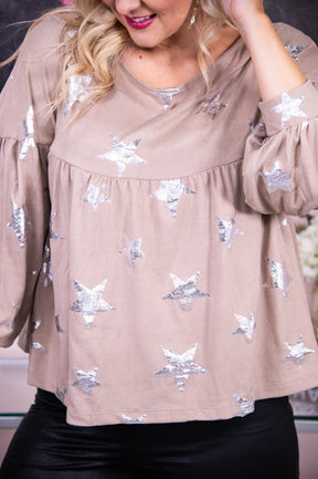 Wishing On Shooting Stars Taupe/Silver Star Top - T7735TA