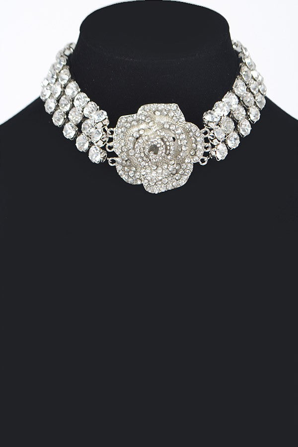 Multi Rhinestone Flower Choker - N070SI