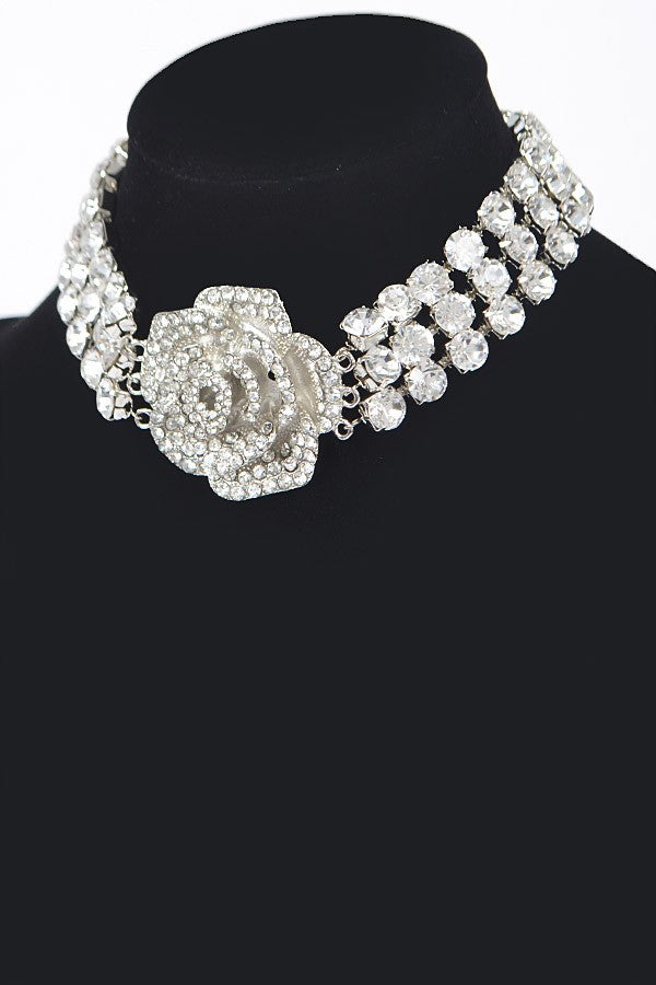 Multi Rhinestone Flower Choker - N070SI