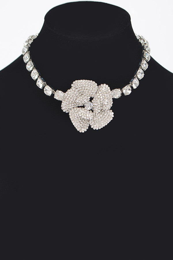 Silver Rhinestone Faux Pearl Flower Choker - N065SI