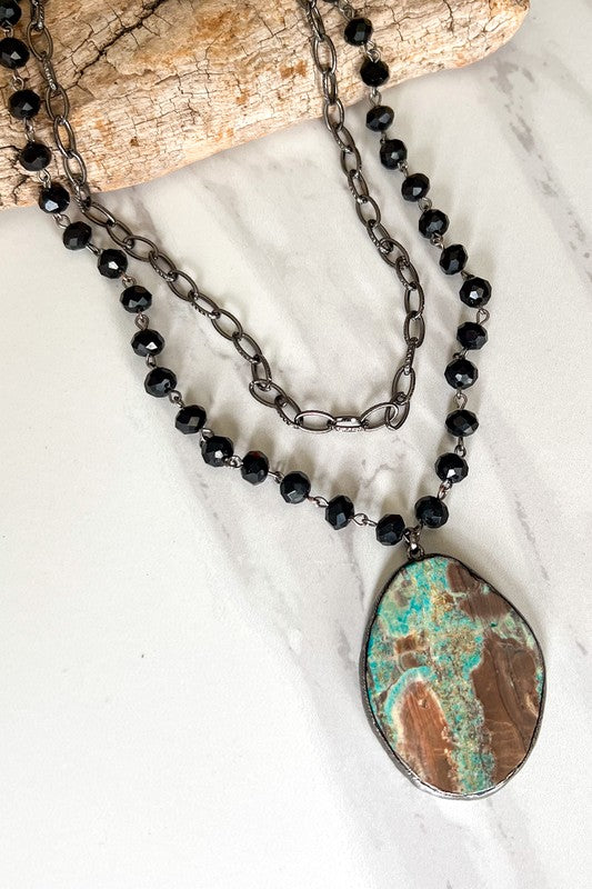 Black Bead Turquoise Pendant Necklace - N009BK