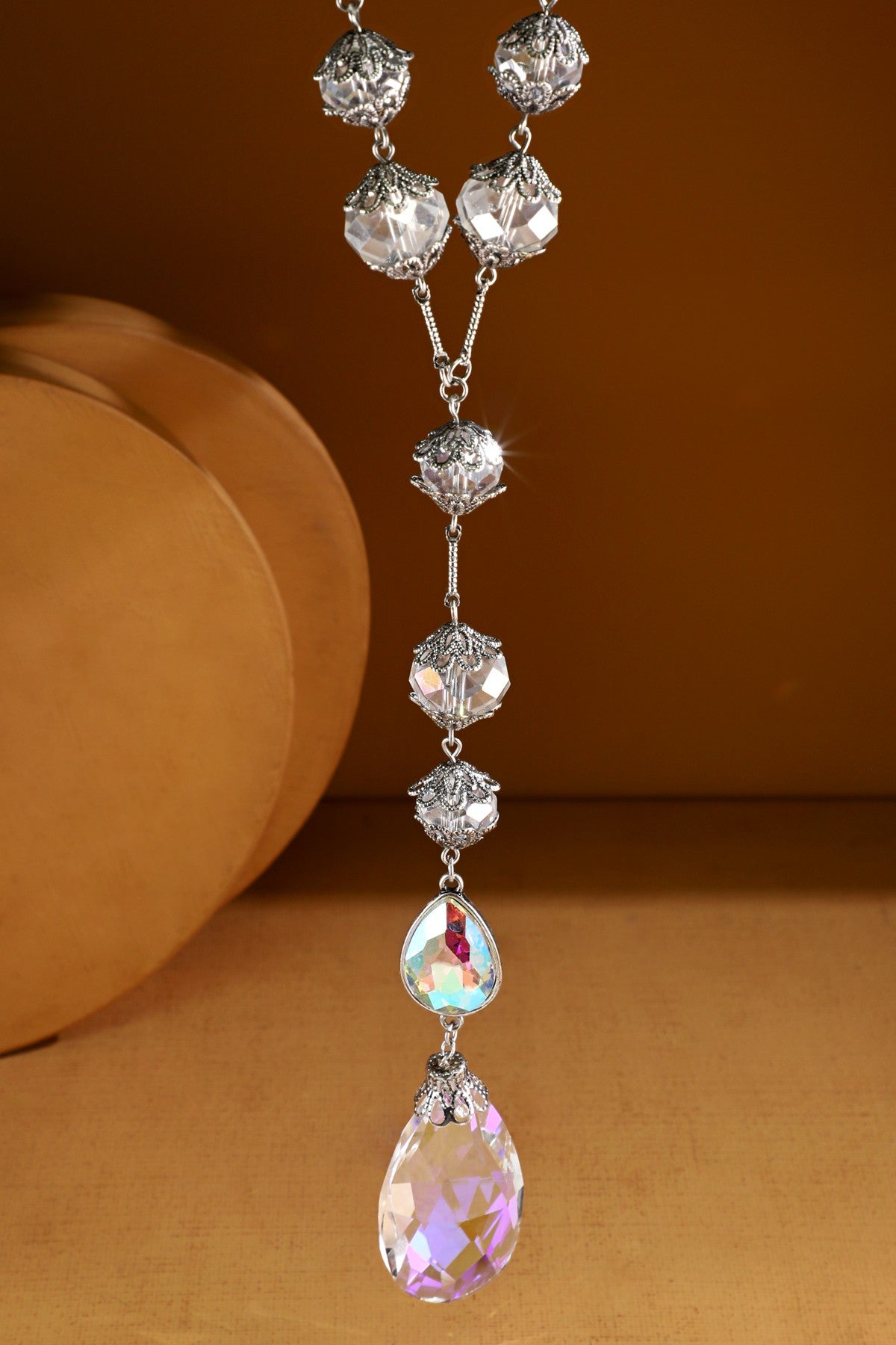 Silver Lariat Chain With Crystal Teardrop Pendant Necklace - NEK4418SI