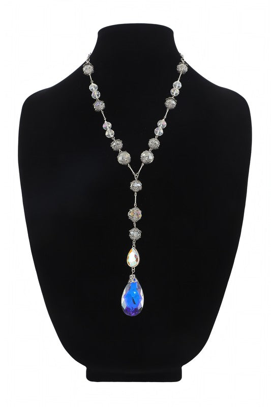Silver Lariat Chain With Crystal Teardrop Pendant Necklace - NEK4418SI