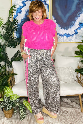 Pretty Fierce Pink Contrast Lace Striped Detail Drawstring Pants